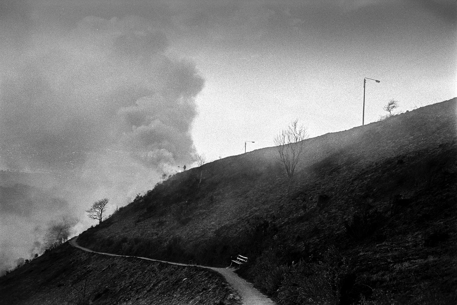 Smoke rising from Torrington Hill from the burning of surface brambles. A footpath and bench are visible on the hillside in the foreground.