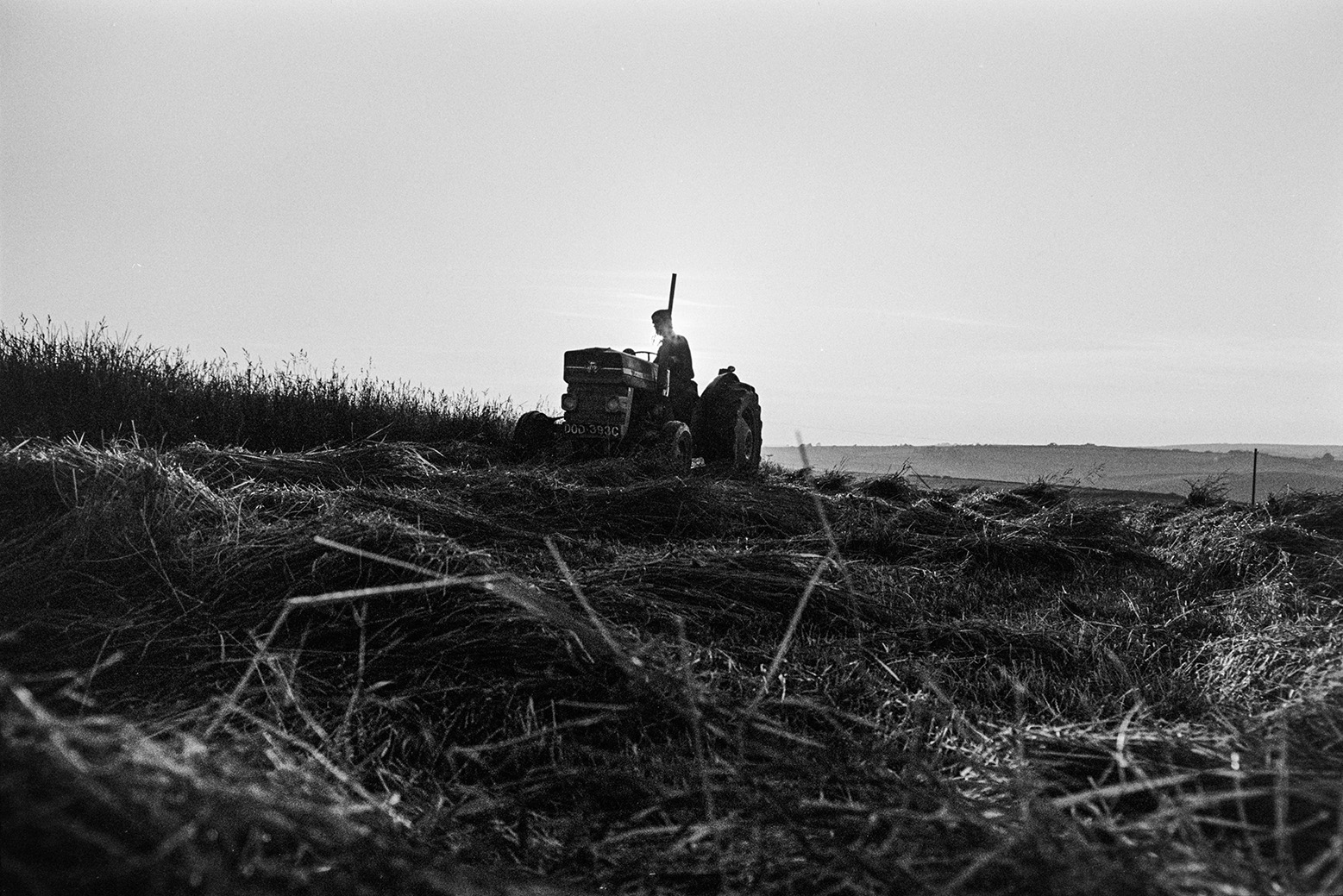 Derek Bright using a tractor and mower to cut hay in a field at Mill Road Farm, Beaford. He is silhouetted against the horizon. The farm was also known as Jeffrys.