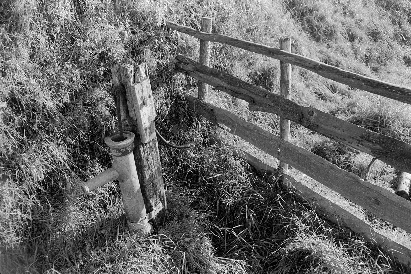 An old water pump by a wooden fence and grass bank of hedgerow, in a field at Mill Road Farm, Beaford. The farm was also known as Jeffrys.