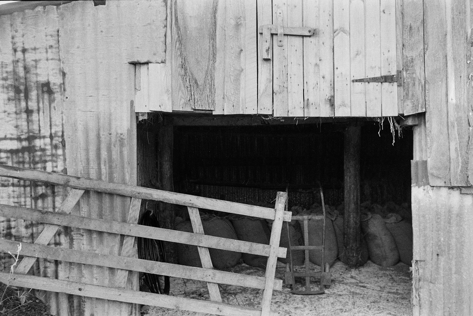 A wooden gate by the entrance to a corrugated iron barn at Mill Road Farm, Beaford. Sacks, possibly filled with grain, and a sack truck can be seen inside the barn. The farm was also known as Jeffrys.