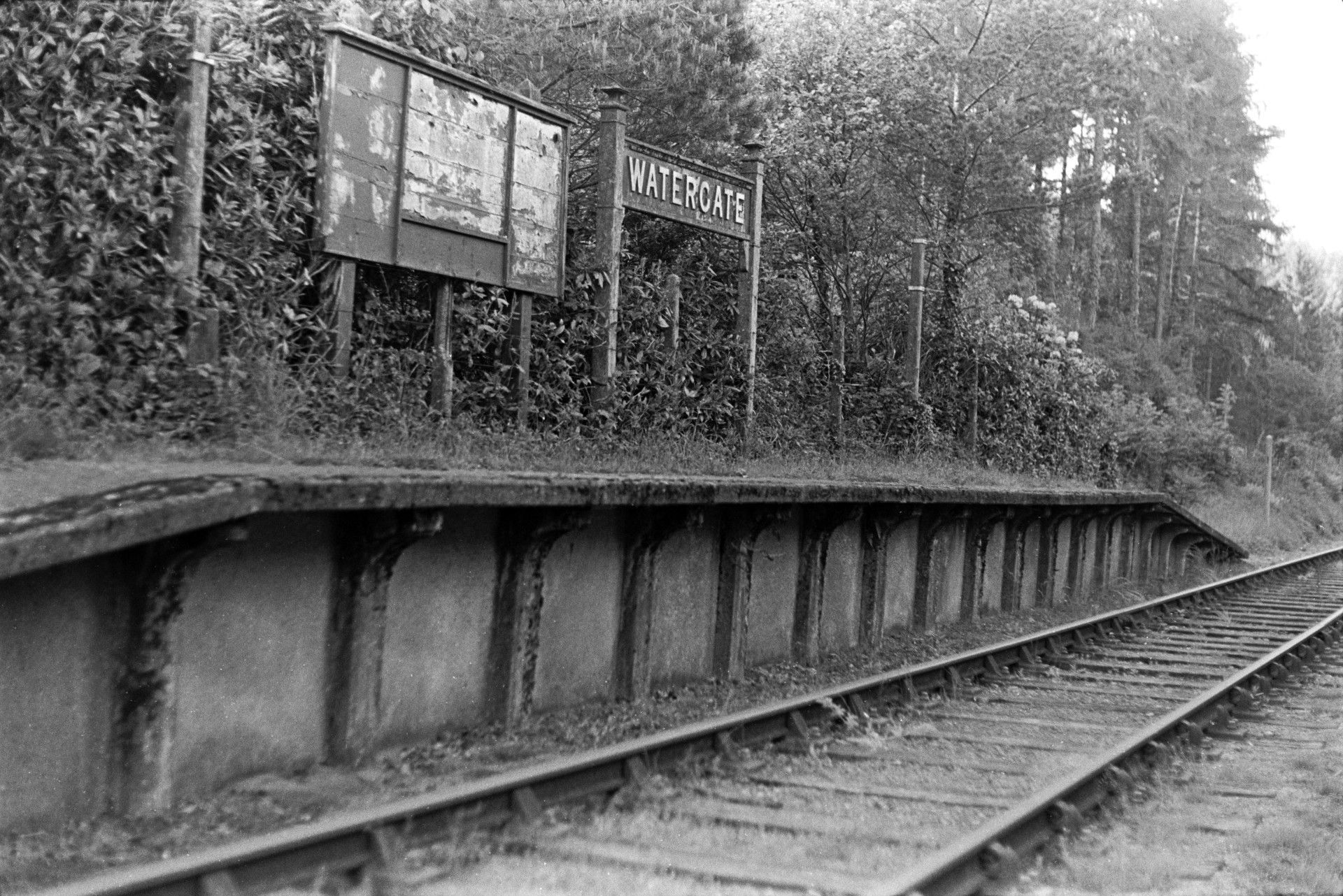 Platform and railway line at Watergate Station, near Torrington It was closed in 1965.
