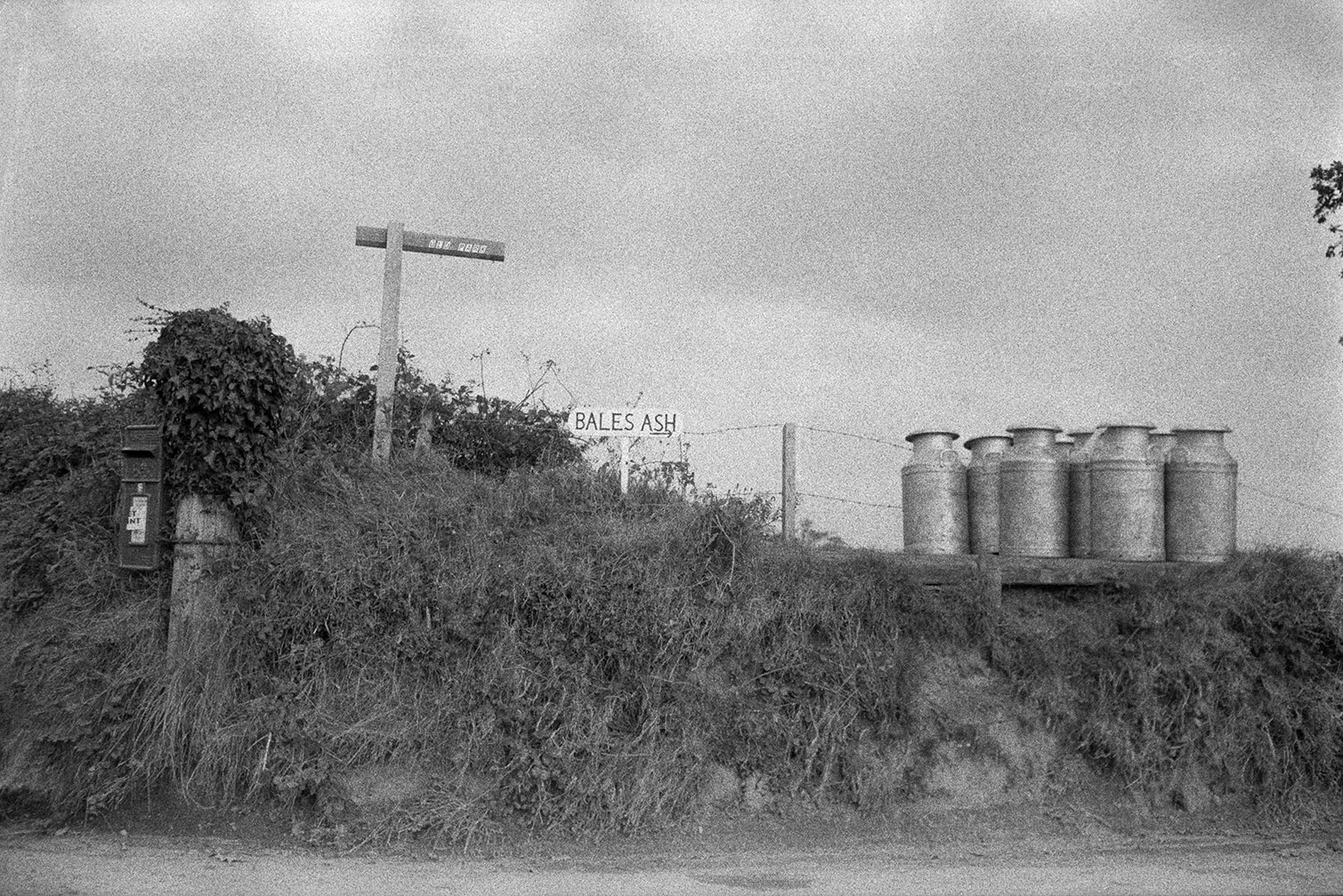Milk churns on a milk churn stand in a hedge, by a post box and signpost for 'Bales Ash' farm, at Atherington.