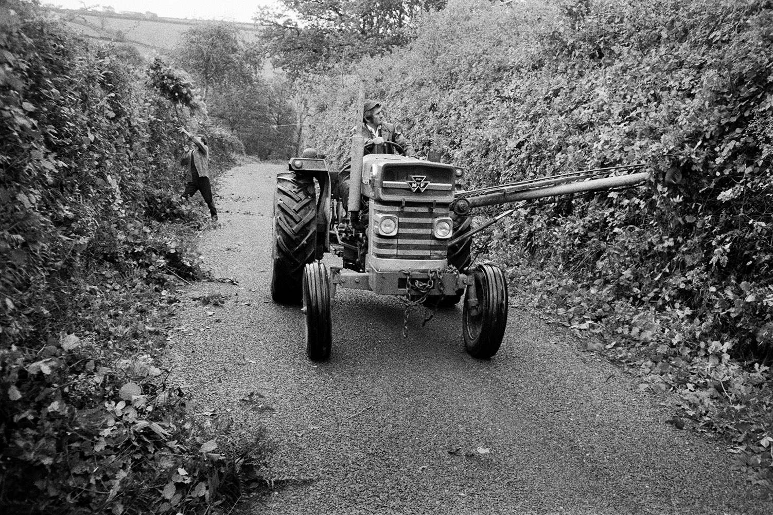 Two men cutting the hedge in a lane at Dolton, using a tractor and hedge cutter.