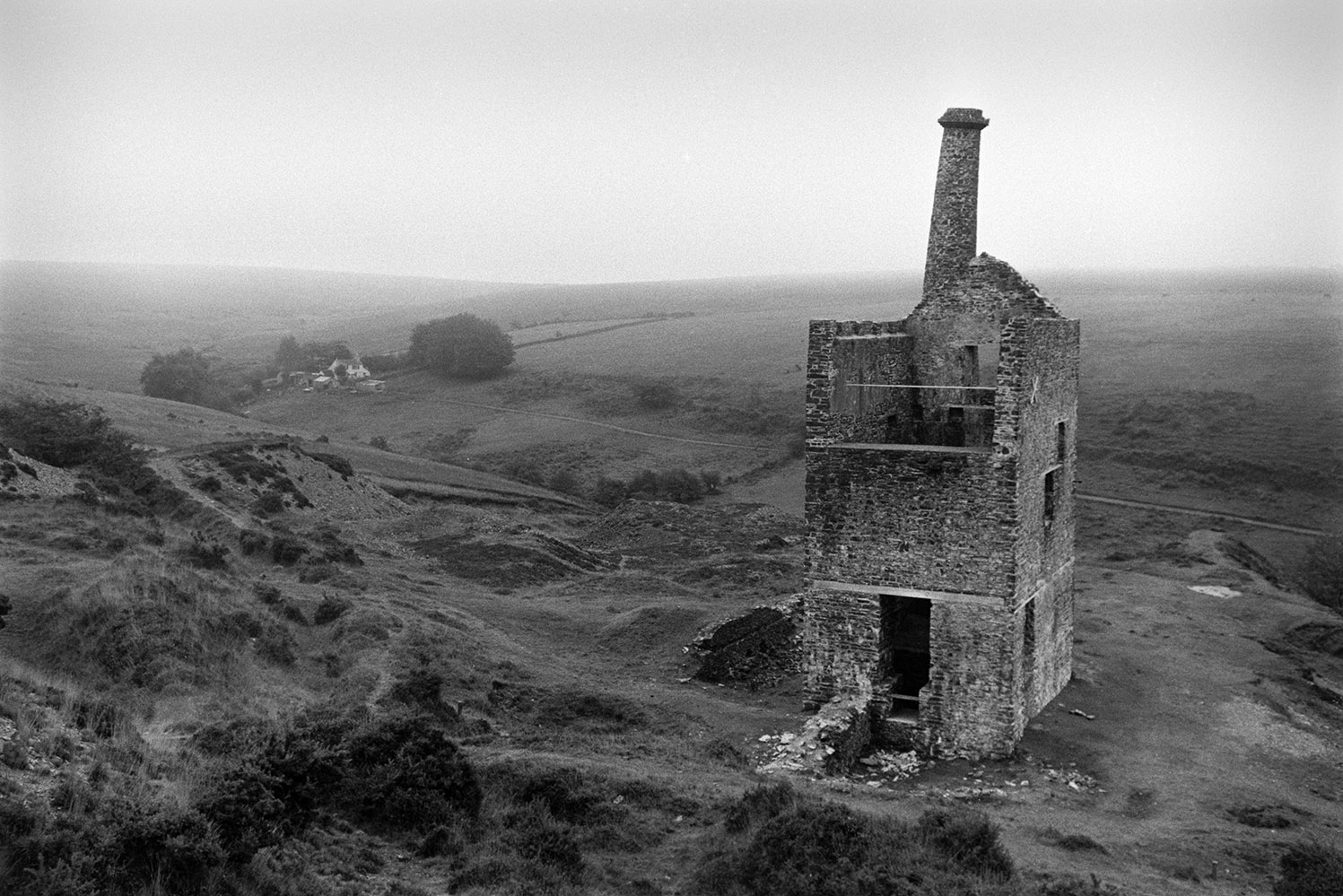 A silver-lead mine with a ruined mining building, at Mary Tavy, Tavistock.