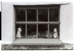 Window of workshop with two china dogs by James Ravilious