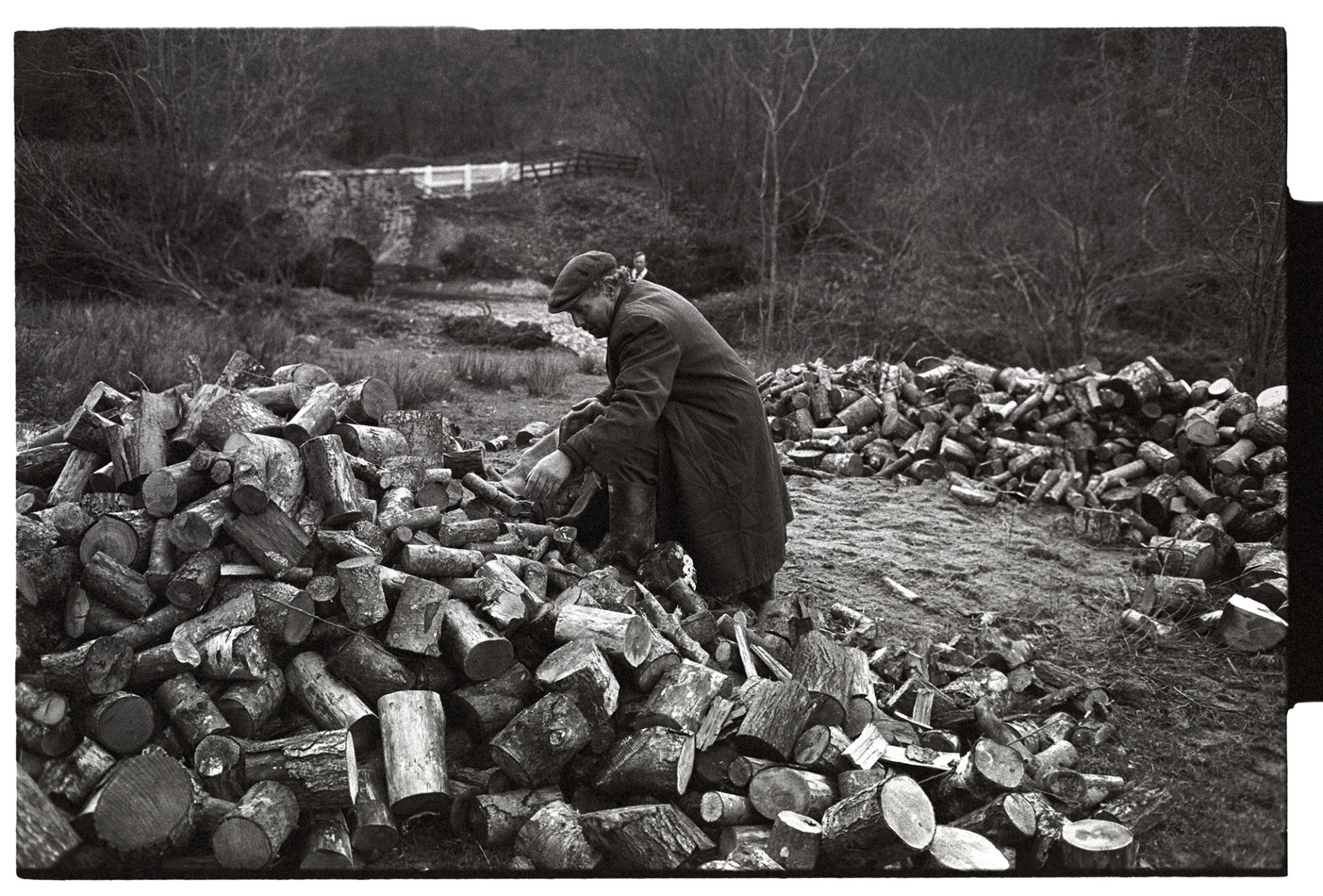 Men carrying logs from pile.
[Ivor Brock collecting logs from a pile at Millhams, Dolton.]