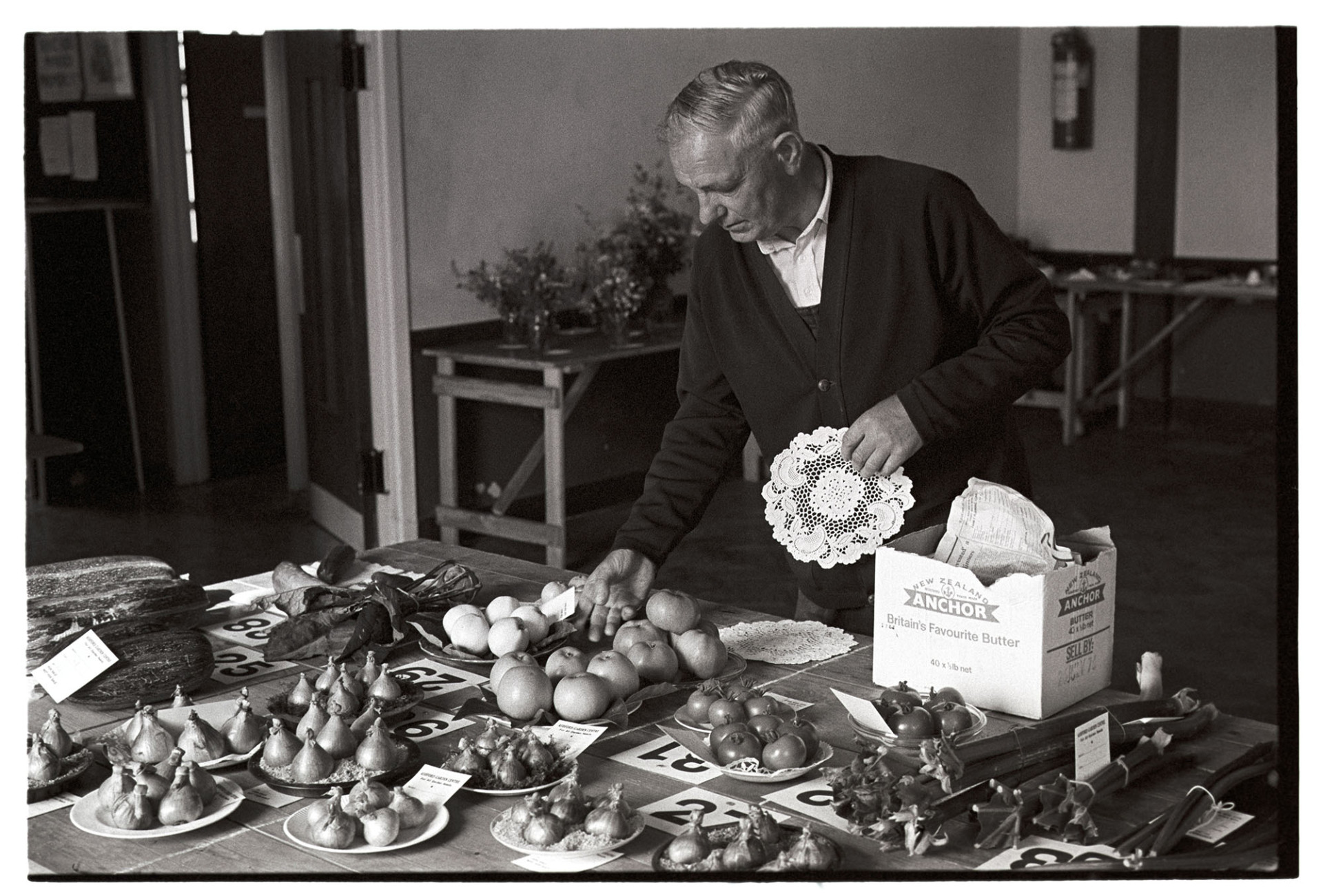 Man laying out produce at Flower Show in village Hall. Fruit, vegetables.
[Philip George holding a doily and laying out produce at the Flower Show in Dolton Village Hall. Onions, apples, marrows and rhubarb are visible on the table.]
