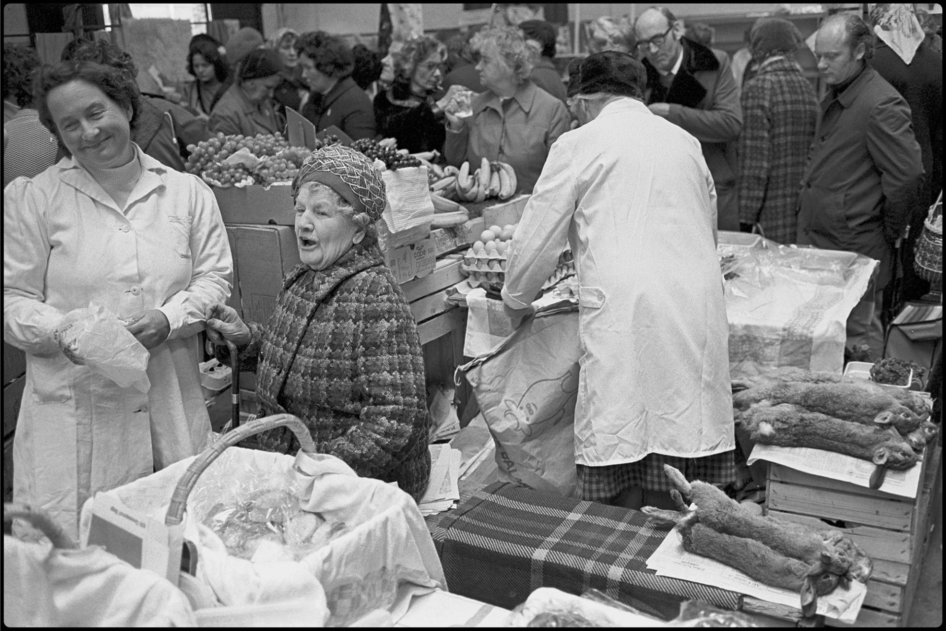 Women chatting at stall in Pannier Market, rabbits.
[Two women chatting at a stall in Barnstaple Pannier Market.  Behind them are stalls selling eggs, rabbits and fruit.]