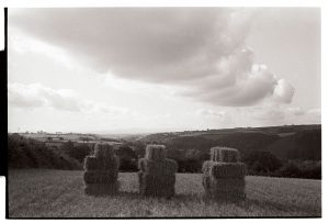 Hay bales stacked in a field at Brightley by James Ravilious