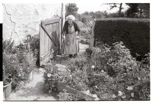 Queenie Knight in her garden by James Ravilious