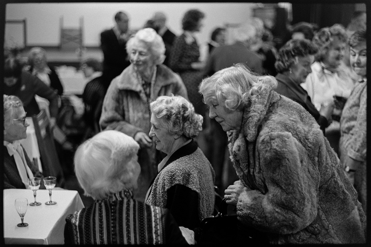 Women seated at W I dinner in village hall chatting. 
[Women talking at a Women's Institute dinner in Dolton Village Hall.]