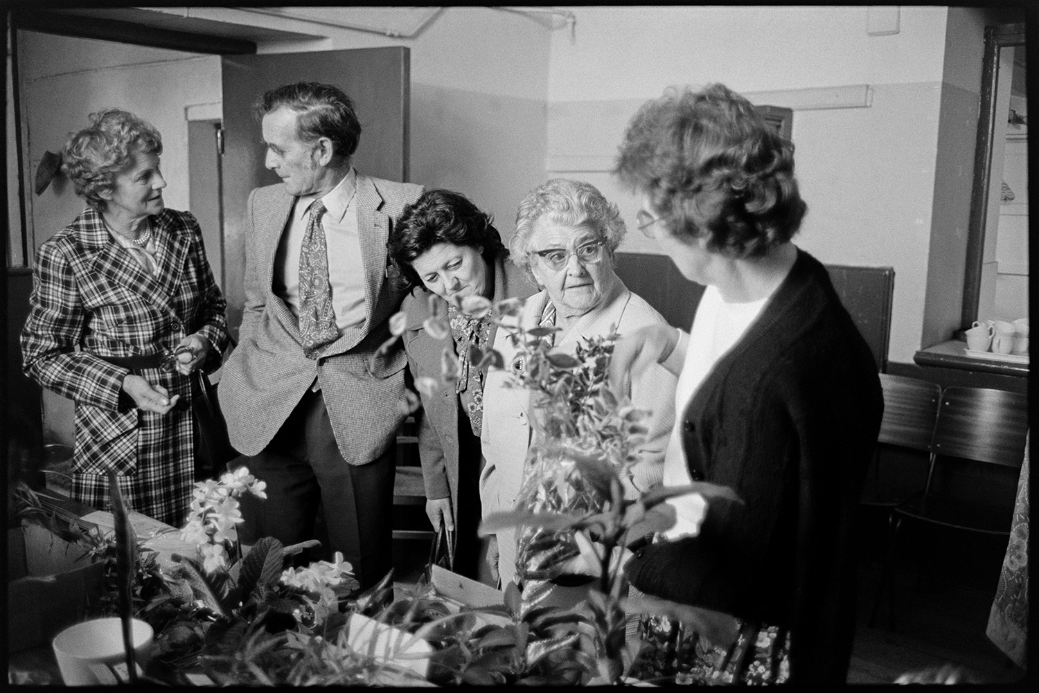 Stalls in village hall, people looking at produce.
[Four women and a man talking and looking at plants on a table in Roborough Village Hall at Roborough Fair.]