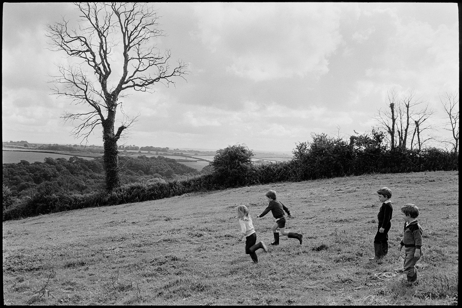 Children running in a field at Bondleigh. A dead elm tree can be seen in a hedgerow behind them, against a cloudy sky. Fields and woodland can be seen in the background.