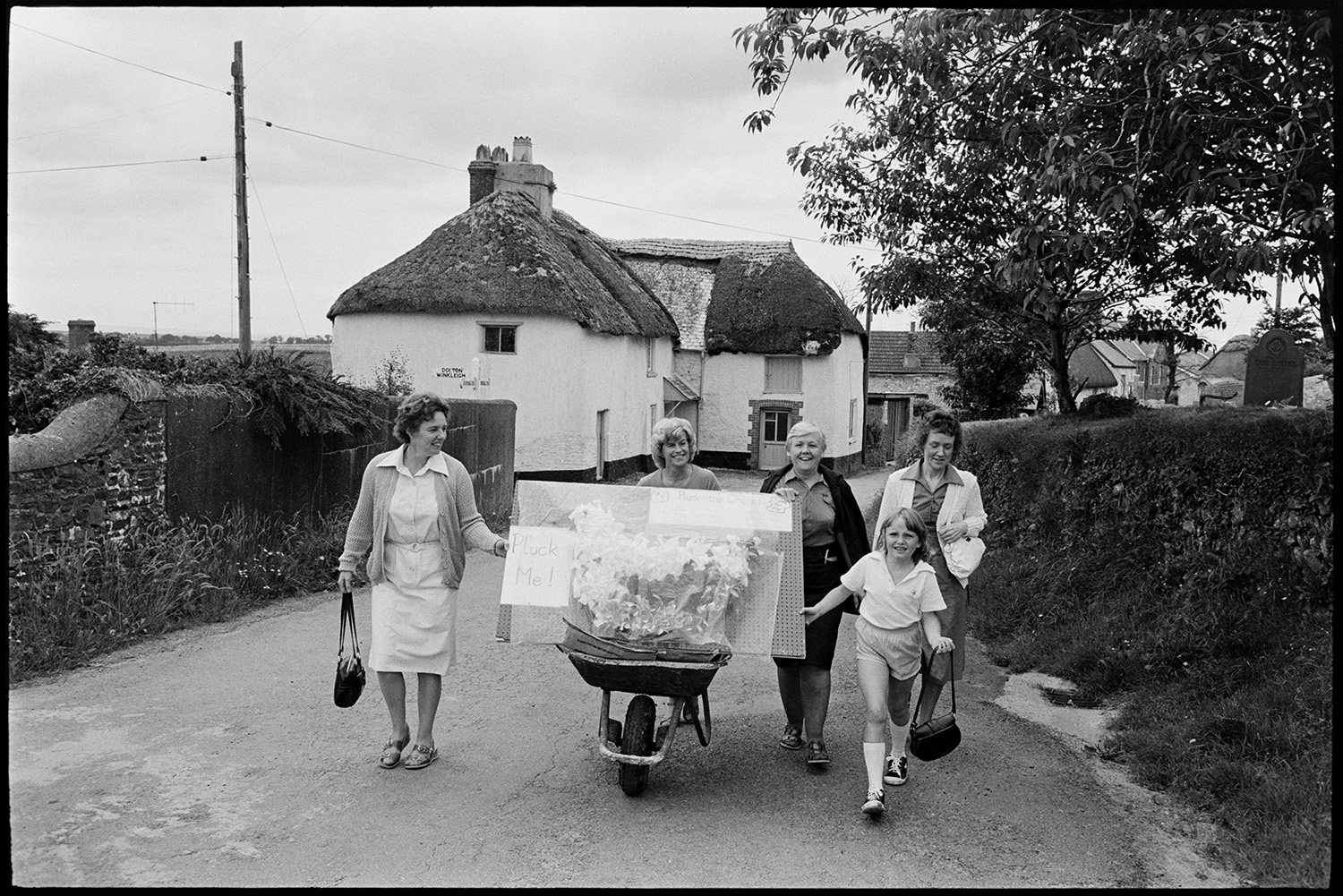 Sports, start of race, people arriving for fancy dress competition.
[Four women and a young girl walking along a road to Roborough Sports Day. They are pushing a wheelbarrow with a game titled 'pluck me' with a model chicken. Part of the churchyard and a thatched farmhouse can be seen in the background.]