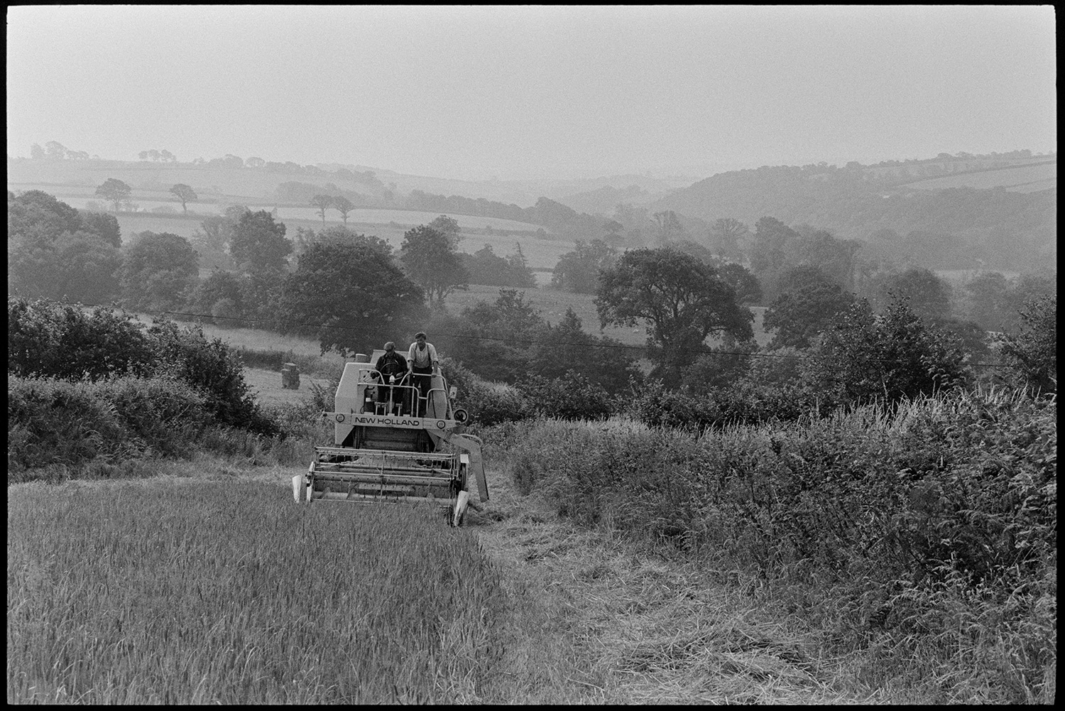 Combine harvester working in landscape. 
[Two men driving a combine harvester in a field at Brightley, Dolton, to harvest a crop. A landscape of trees and fields can be seen in the background.]