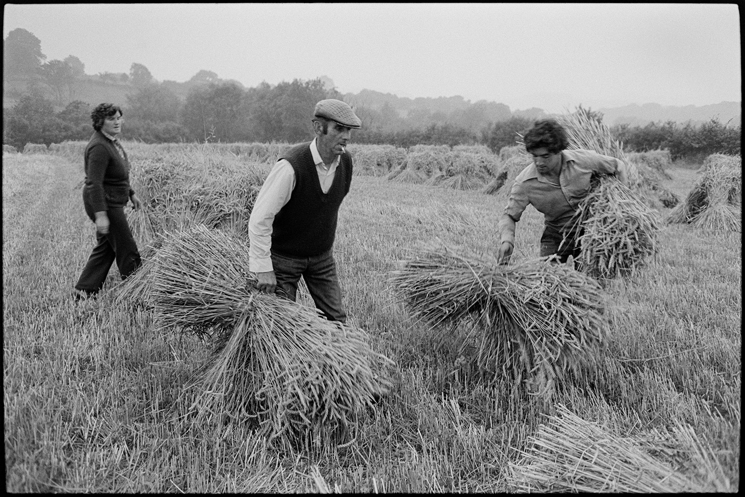 Farmers, women setting up stooks. 
[Eileen Squire, on the left; Irwin Piper, in the centre and Stephen Squire, on the right, setting up stooks of corn in a field at Chapple. Dolton.]
