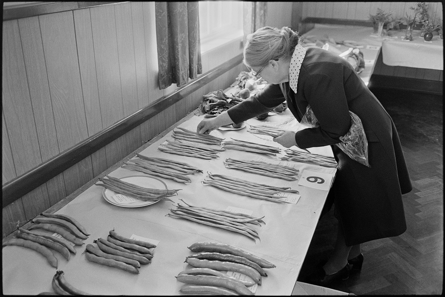 Vegetables, produce and cakes at flower show in village hall, French beans, onions, flowers.
[Woman arranging an exhibit of runner beans on a table at Dolton Flower Show, in Dolton Village Hall.]
