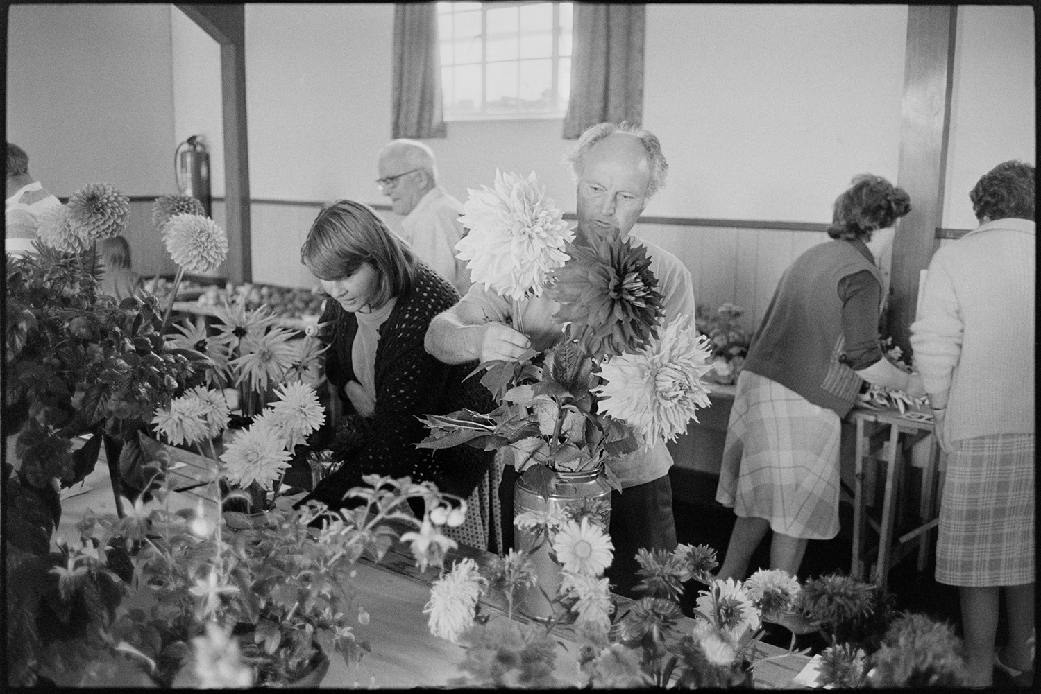 Vegetables, produce and cakes at flower show in village hall, French beans, onions, flowers.
[Michael Mitchell arranging a display of dahlias on a table at Dolton Flower Show, in Dolton Village Hall. Women are looking at other exhibits in the Flower Show.]