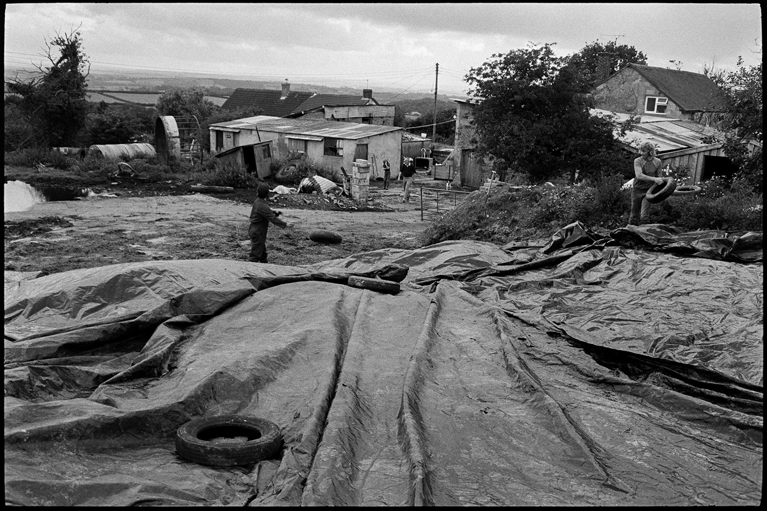Farmer covering silage with large sheet of polythene. 
[Two men covering a mound of silage with a polythene sheet at Upcott, Dolton. They are weighting the sheet down with tyres. Sheds and rooftops can be seen in the background.]]