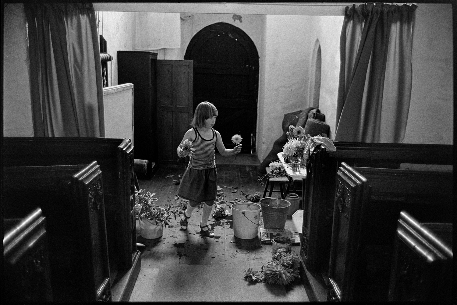 Women decorating church for Harvest Festival. Flowers.
[A girl surrounded by buckets and cut flowers in Dowland Church, arranging flowers in a jar for the Harvest Festival. Wooden pews can be seen in the foreground.]