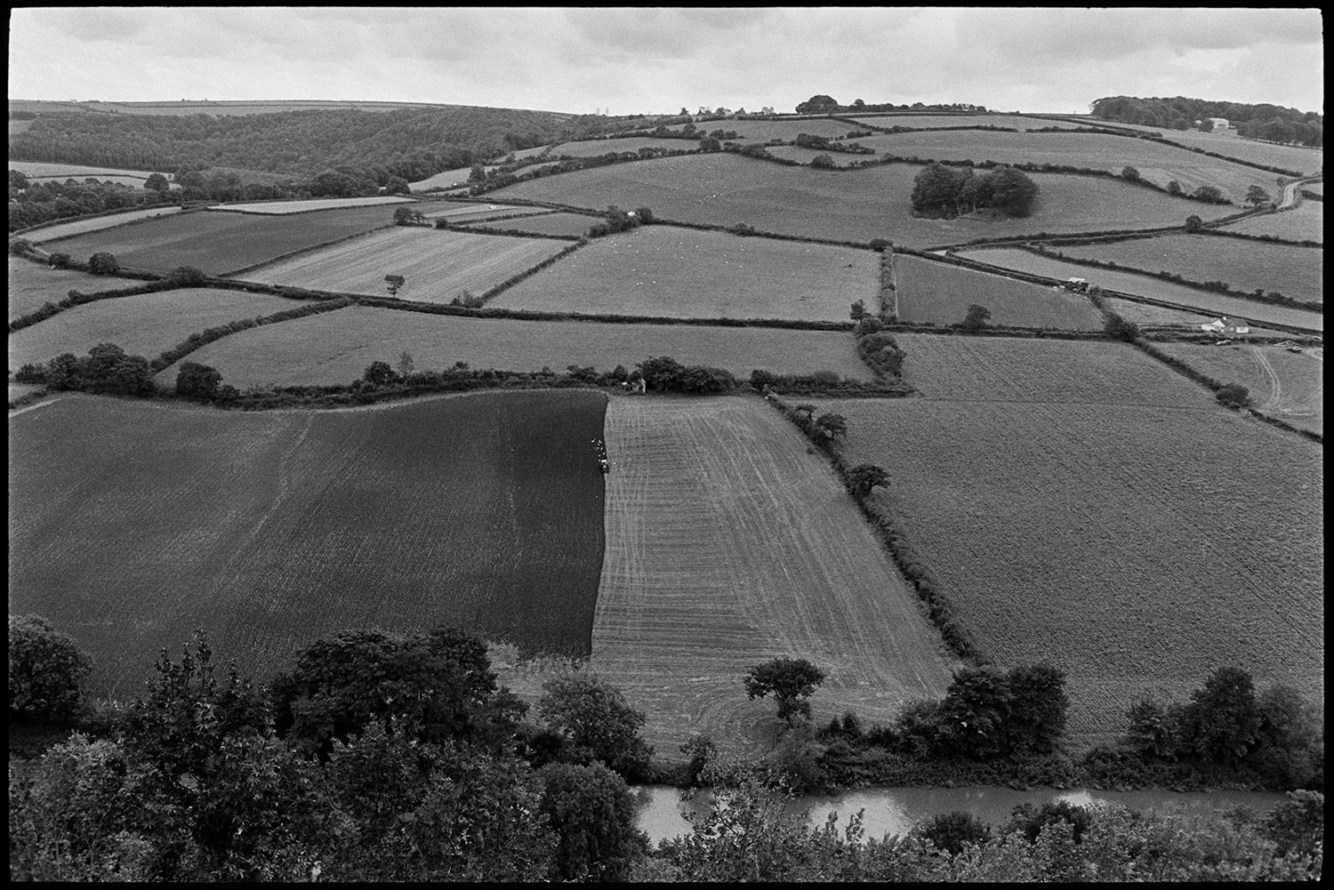 Landscape with ploughed fields clouds and hedgerows.
[A view of hills with woodland, fields and hedges at Torrington. The River Torridge is running past a field which is being ploughed in the foreground.]