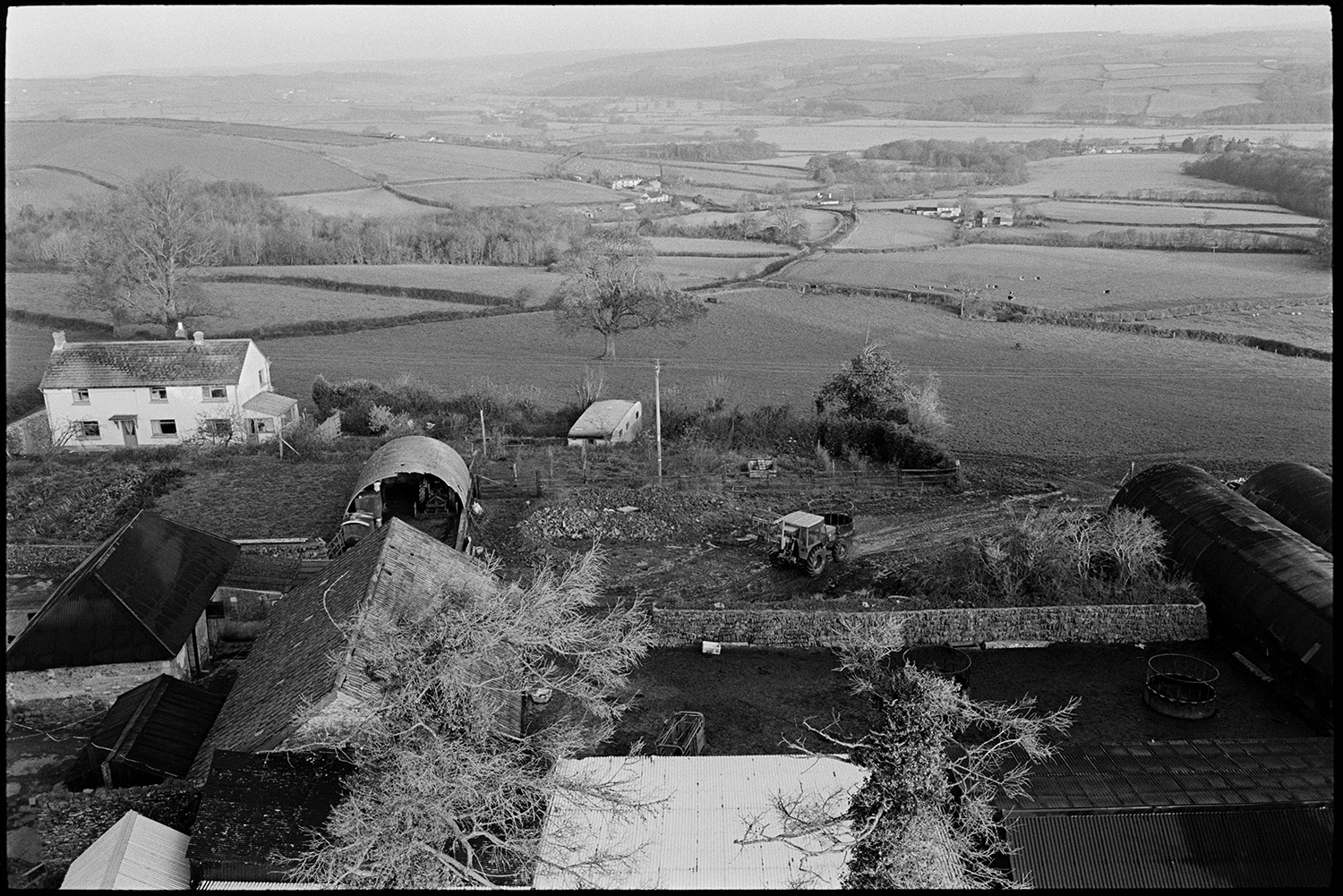 Village and thatch and cob farm, gravestones, viewed from top of church tower, early morning. 
[A view of a farmhouse, barns, fields, trees and hedges taken from Atherington Church tower in the early morning.]