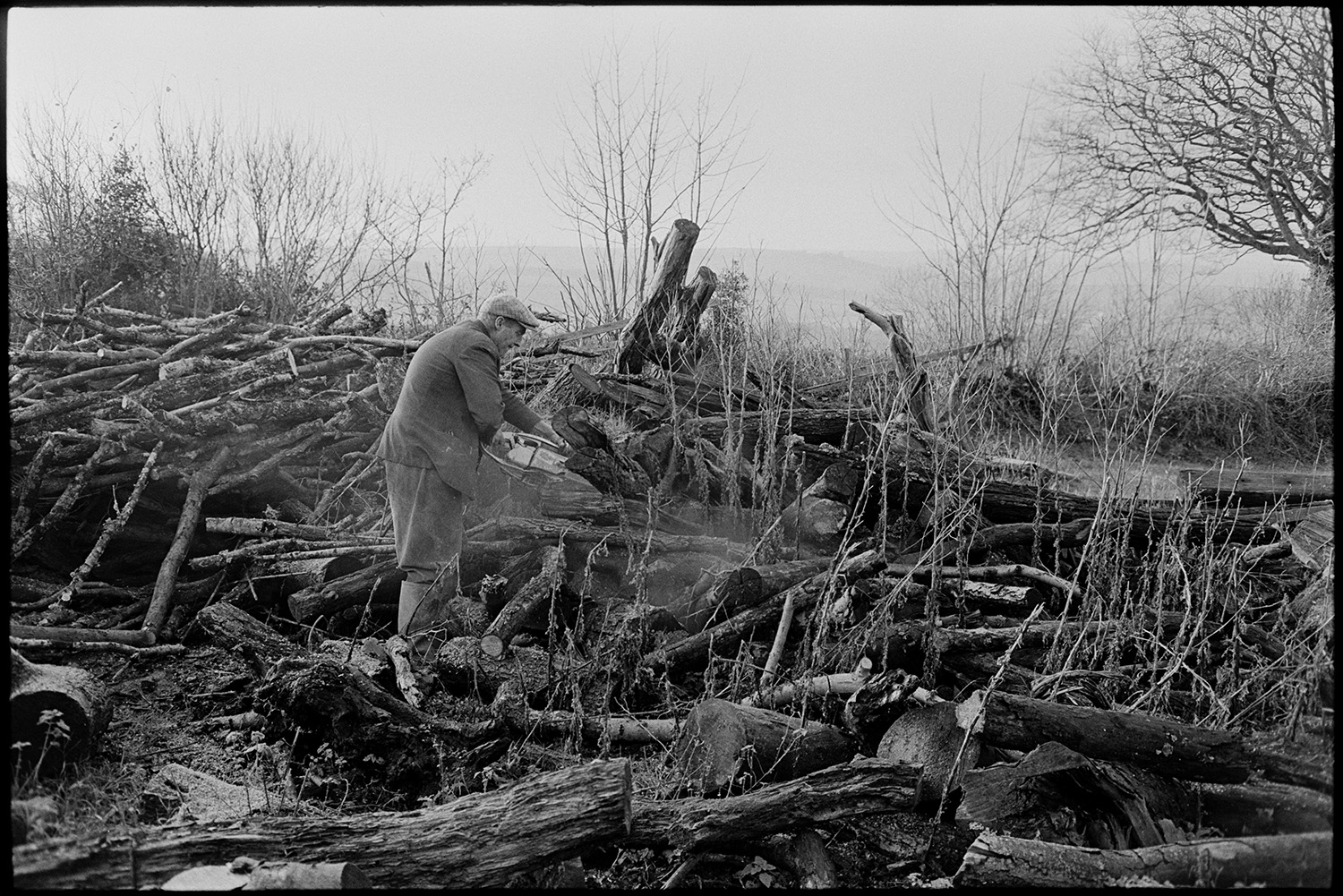 Farmer sawing logs, woodpile with chainsaw. 
[George Ayre sawing up logs in a woodpile at Ashwell, Dolton, using a chainsaw.]