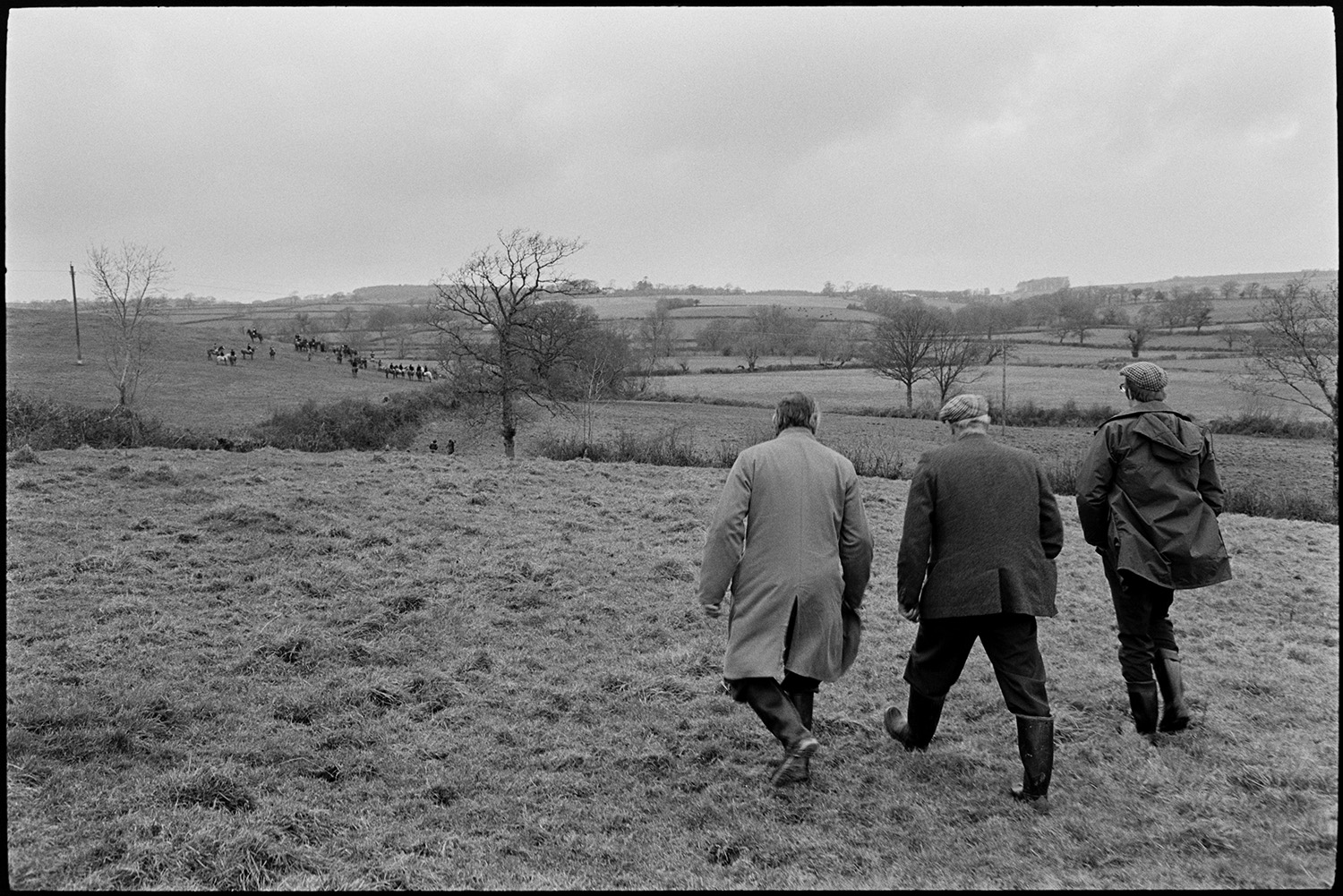 Hunt Meet, horses and followers setting off. 
[Three men walking across a field at Highampton, following a hunt which can be seen in the distance.]