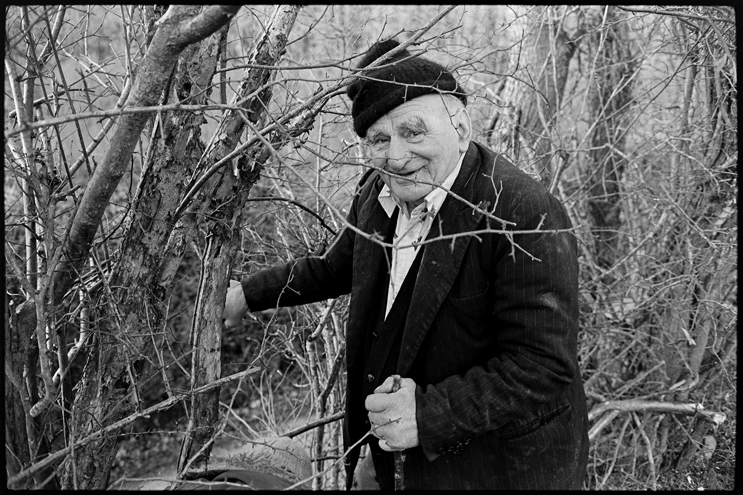 Farmer mending hedge wearing woolly hat. 
[Archie Parkhouse mending a hedge at Millhams, Dolton. He is wearing a woolly hat.]