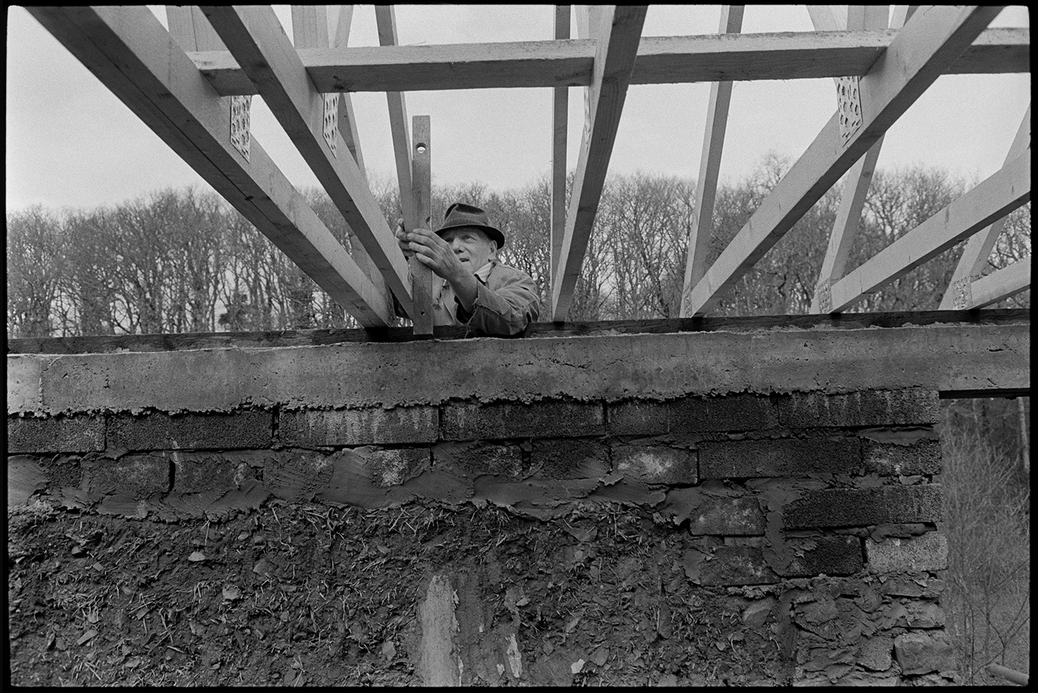 Builder renovating cottage with new roof.
[Builder renovating a cottage with a new roof at Millhams, Dolton. The man is  checking a spirit level against the roof timbers, above a wall of cob and concrete blocks. A line of trees are in the background.]