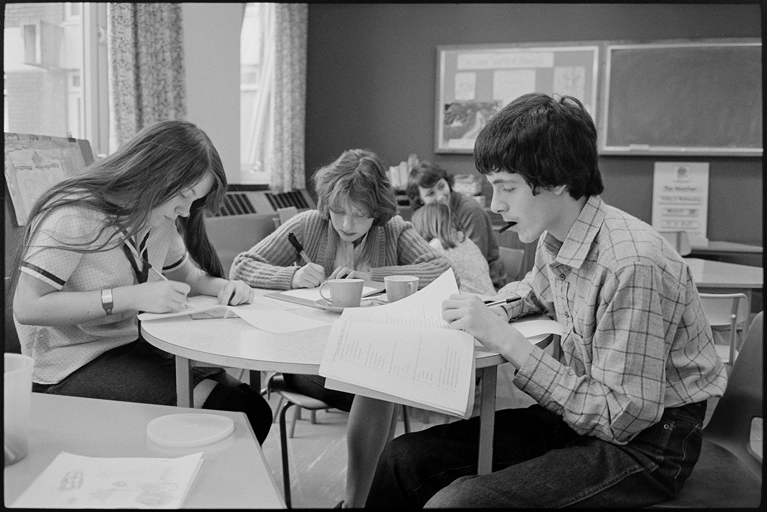 Hospital children's ward, teacher teaching, while nurses take pulses and temperatures!!
[Children studying while on the Children's Ward at Barnstaple General Hospital.]