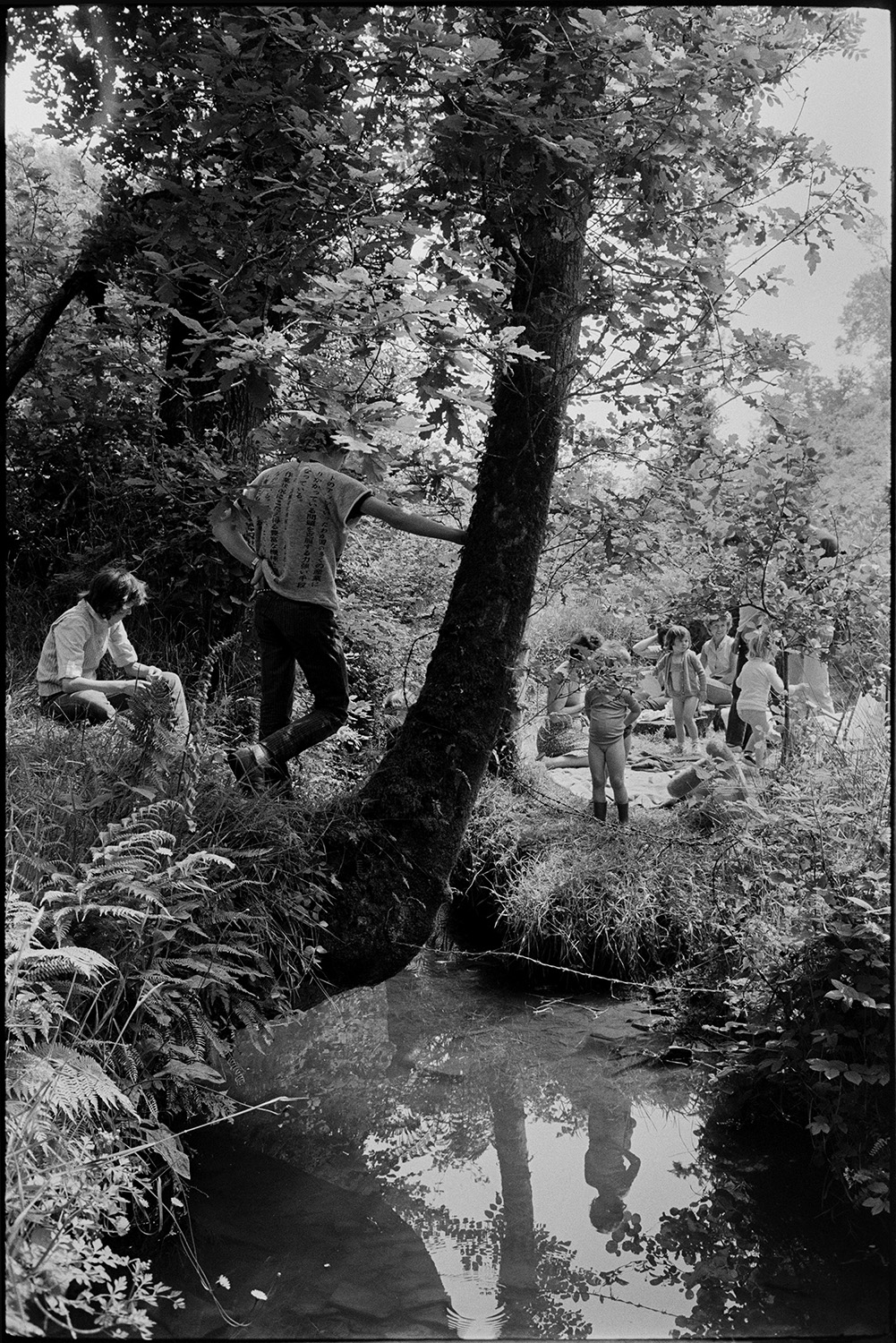 People picnicking in wood beside stream. 
[Women and children having a picnic in a small clearing by a stream in Dolton Wood. One of the children is leaning against a tree overhanging the stream.]