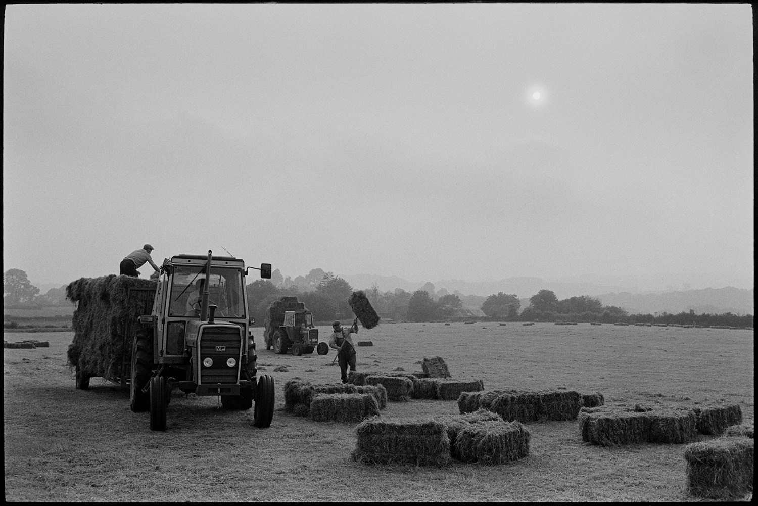 Haymakers loading trailer, evening. 
[Men loading hay bales onto a tractor and trailer, using pitchforks, in a field at Staple Cross, Dolton, in the evening.]