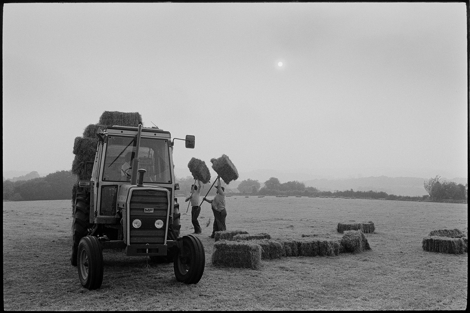 Haymakers loading trailer, evening. 
[Men loading hay bales onto a tractor and trailer, using pitchforks, in a field at Staple Cross, Dolton, in the evening.]