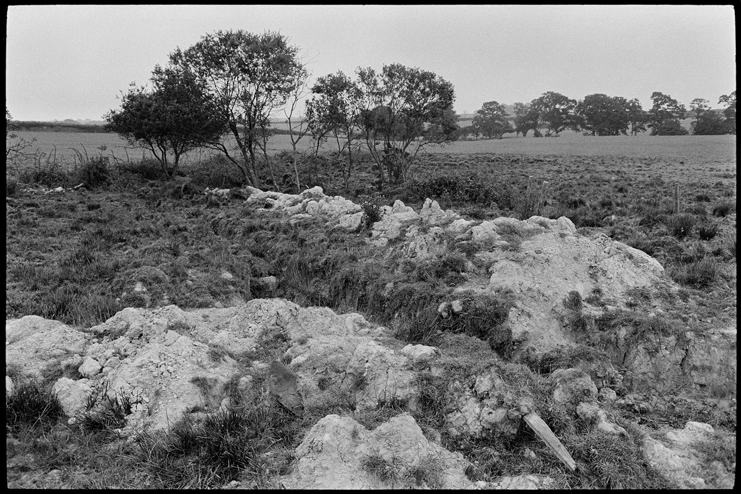 Remains of drainage work on old wetland moor. 
[The remains and rubble of drainage works on moorland at Westacott, Riddlecombe. Trees and fields are visible in the background.]