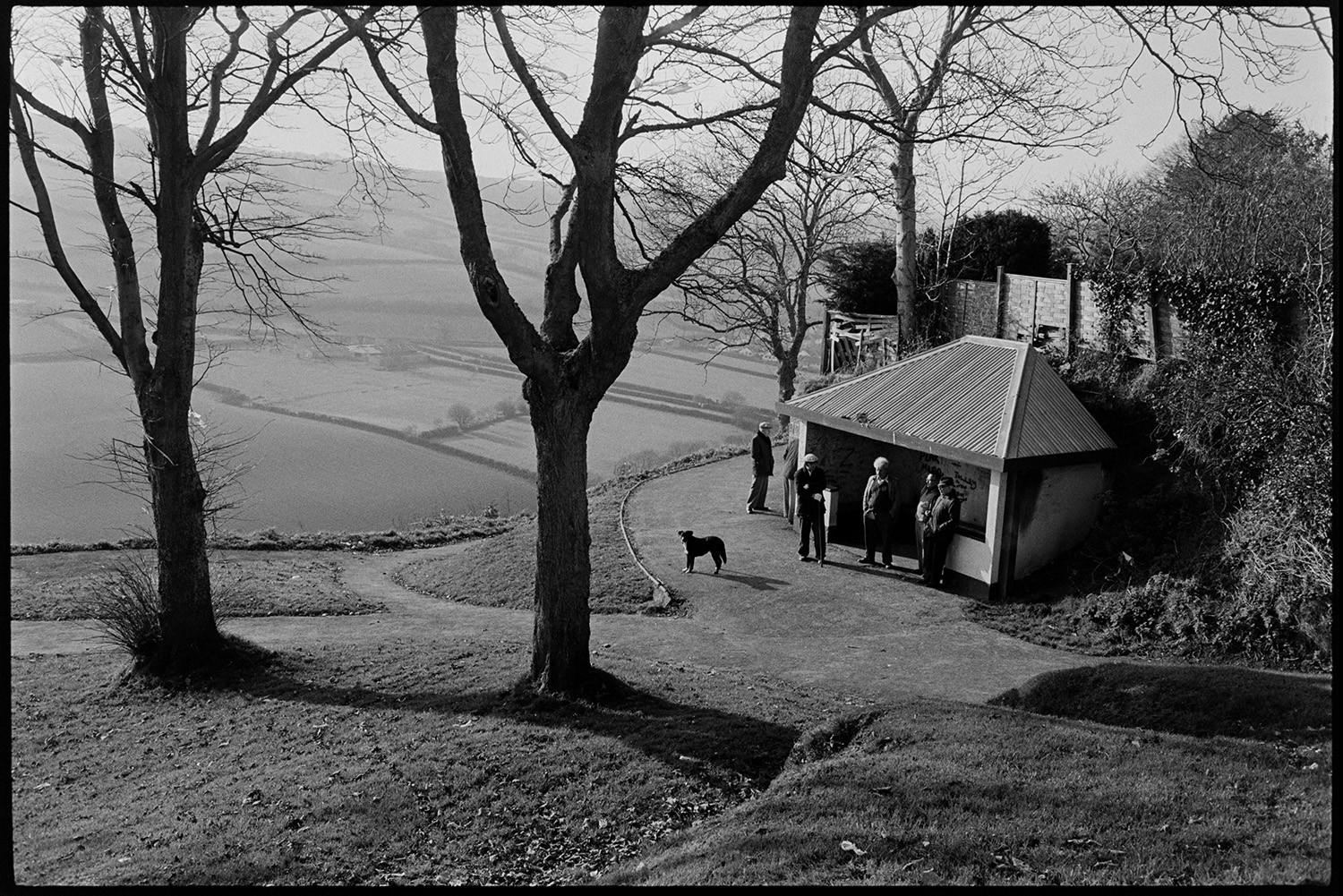 Street scenes with decaying front of antique shop, market.
[People standing chatting at the shelter on Castle Hill, Torrington, with a dog. Fields and hedges can be seen in the background with trees and footpaths in the foreground.]