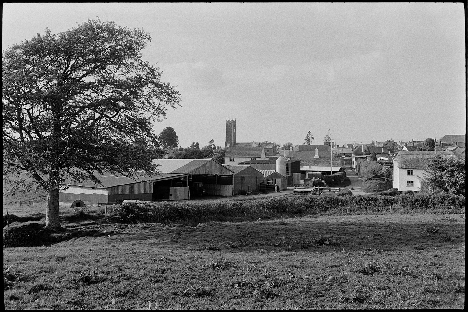 Scenes around village comparison shots with old photos.
[A scene taken from a field of a farmyard with a silo and barns at High Bickington. The church tower and other houses in the village are visible in the background.]