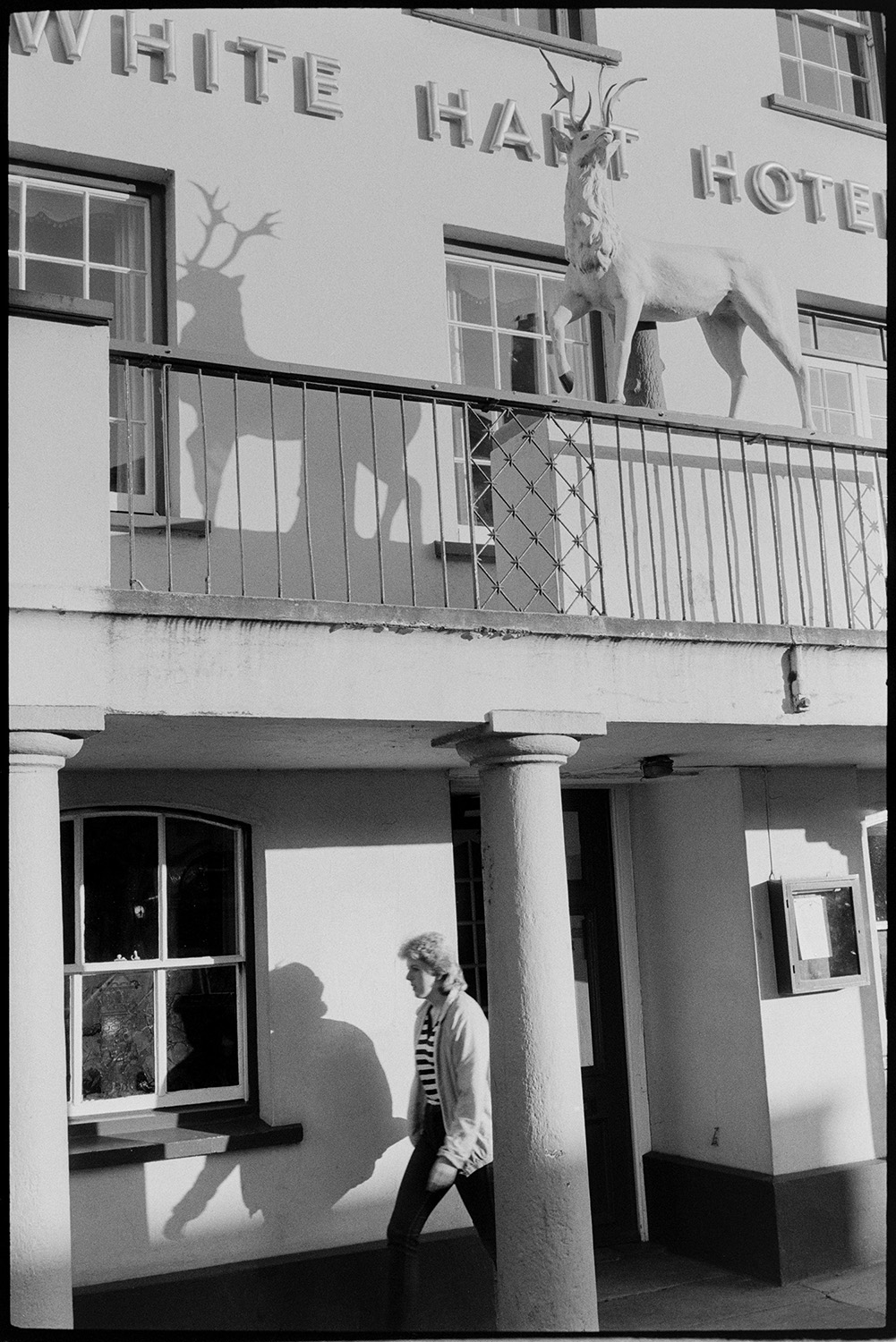 Front of hotel and street, porch and railings.
[Front entrance of the White Hart Hotel, Okehampton, with a statue of a deer mounted on a balcony supported by pillars. A woman is walking past the entrance under the balcony.]