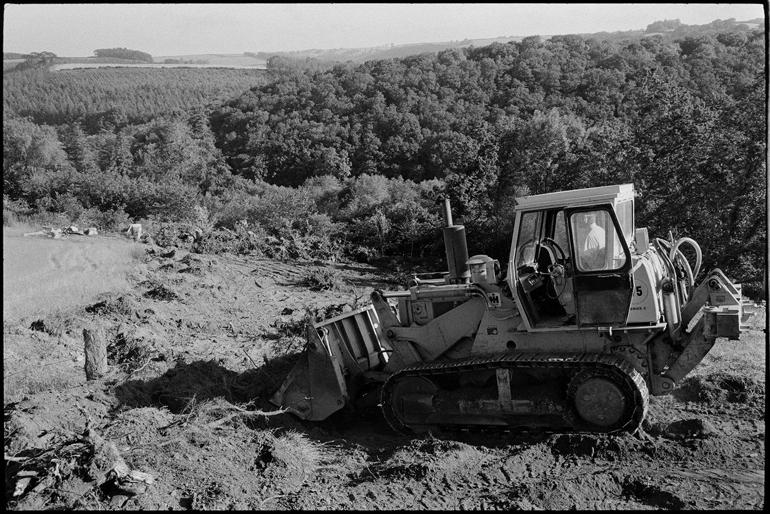 Bulldozer clearing land, former rough woodland.
[A bulldozer clearing rough woodland above Millhams, Dolton, with a view of more woodland and trees in the background.]