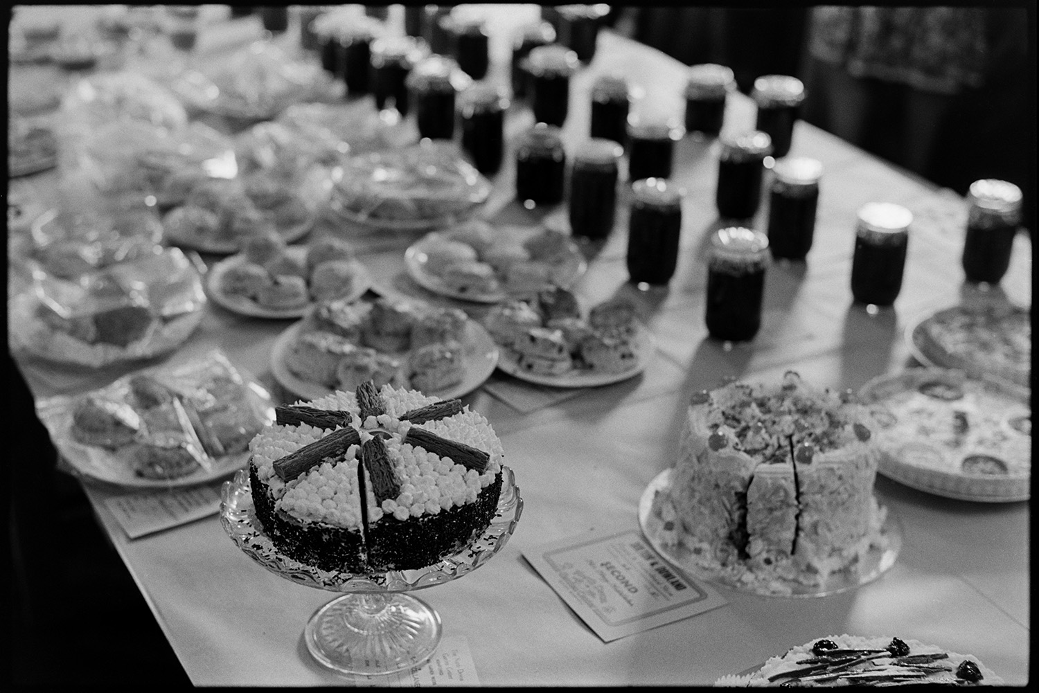 Flower show, people looking at exhibits, women looking at cake, paintings on display.
[A display of cakes, scones, quiches and jams on a table at the Dolton Flower Show in Dolton Village Hall. One of the cakes has been awarded a prize.]