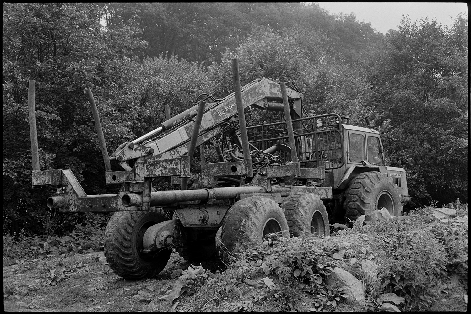 Tree felling machine parked beside road, with goat, tractor.
[A tree felling machine parked by a wooded area at Millhams, Dolton.]