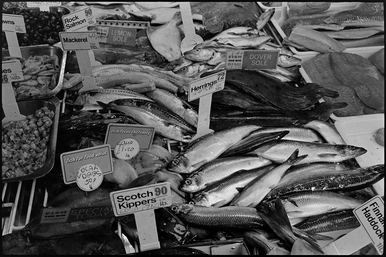 Fish and eggs on display.
[A large range of fresh fish for sale at Barnstaple Pannier Market, including Herrings, Dover sole and Mackerel.]