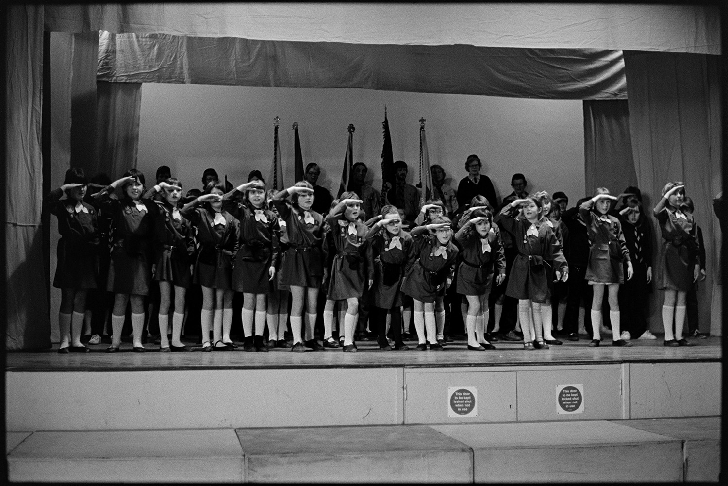 A pack of Brownies performing on a stage. They are doing actions to a song. Flag bearers are stood at the back of the stage.
