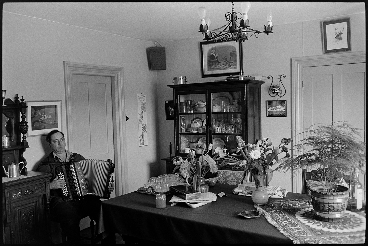 Man with accordion in sitting room, furniture, dresser, table. 
[A man sitting on a chair playing an accordion in a living room with a glass cabinet displaying china and a table with vases of flowers and a pot plant.]