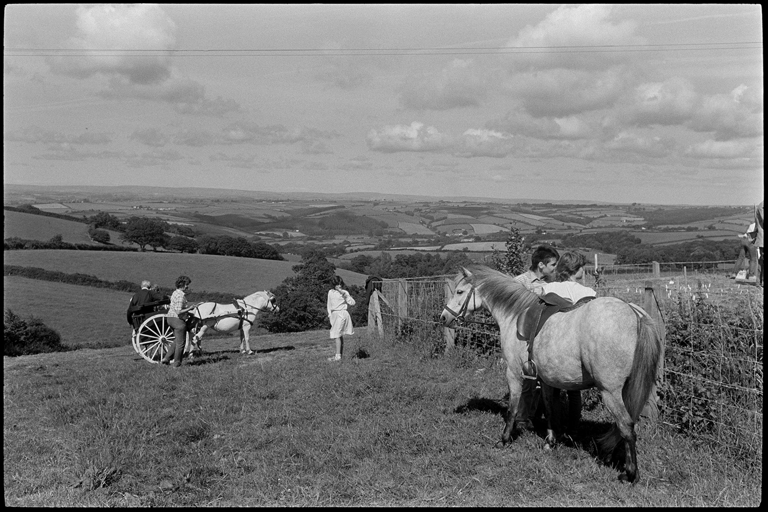 Fete, spectators, Brass Band, sideshows, games, pony rides. 
[People having pony and trap rides in a field at Atherington church fete by the vicarage. A couple are stood by a horse resting from giving rides. A landscape of fields, trees and hedgerows can be seen in the background.]
