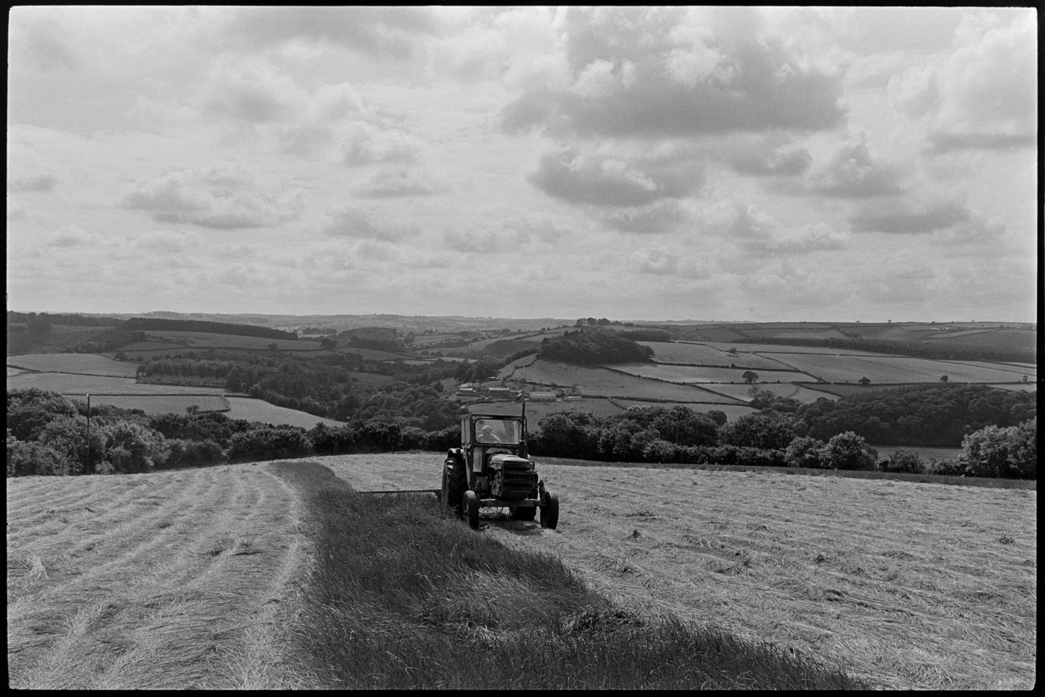 Tractor and grass cutter, mower in sunny landscape. 
[George Ayre using a tractor a mower to cut grass for hay, in a sunny field at Ashwell, Dolton. The tractor is moving towards the camera. Clouds are visible in the sky and a landscape of fields, hedgerows and trees can be seen in the background.]