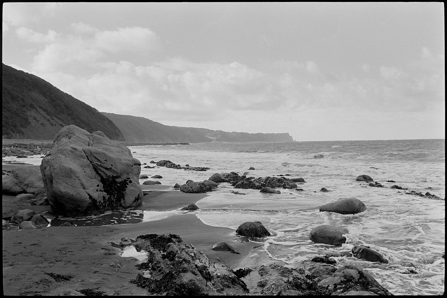 Seaside, beach with shells on rocks, limpets. 
[Rocks on the seashore and beach at Bucks Mills. Small waves are crashing over the rocks and cliffs can be seen in the background.]