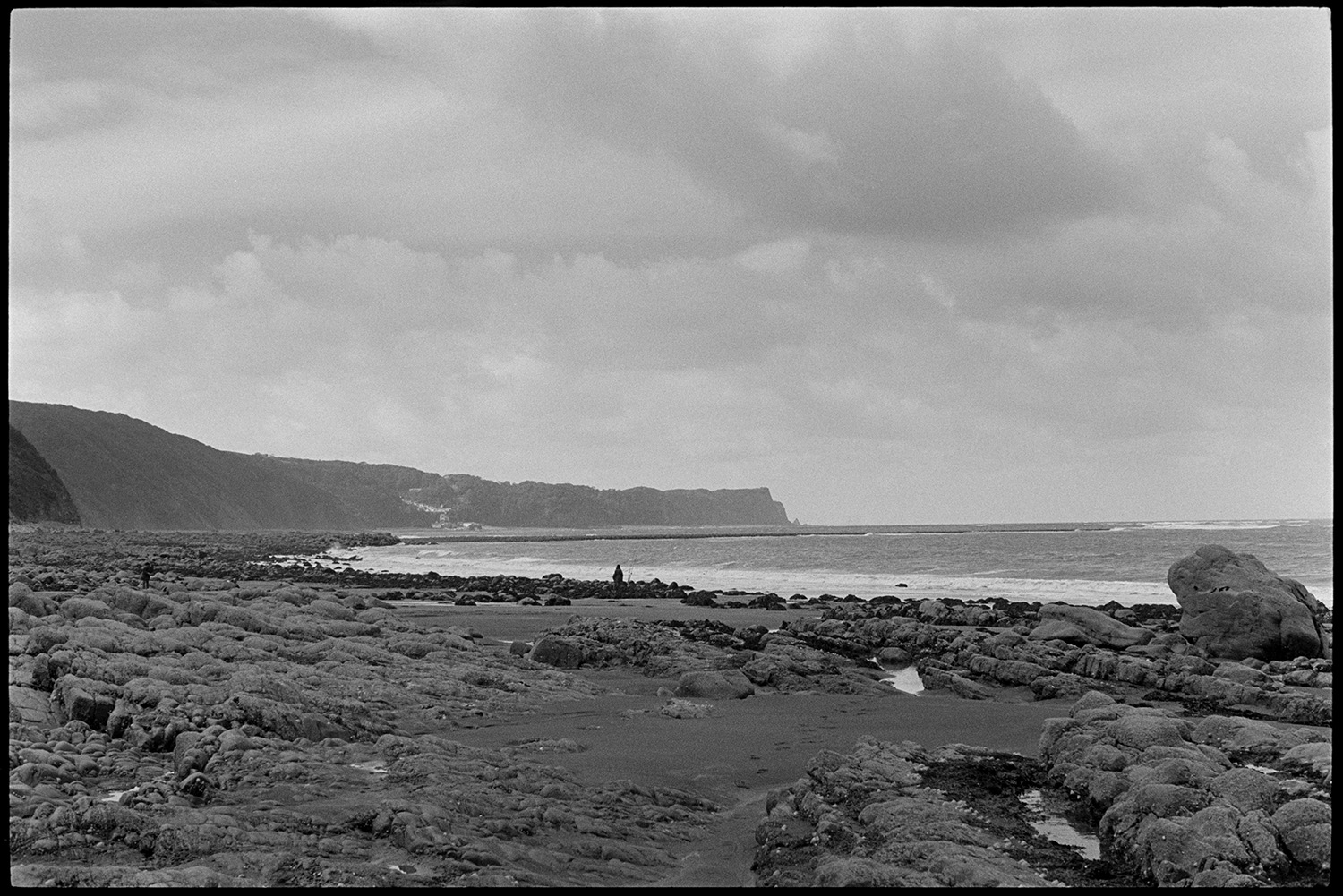 Seaside, beach with shells on rocks, limpets. 
[The rocky seashore or beach at Bucks Mills. A person can be seen fishing on the shoreline and cliff are visible in the background.]