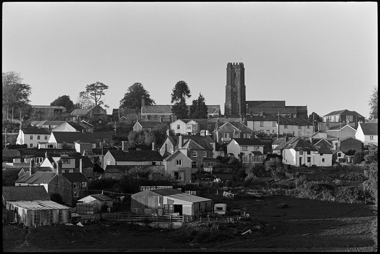 View of village with church and tower. 
[A view of Chittlehampton showing houses, farm buildings and the church tower in the background.]
