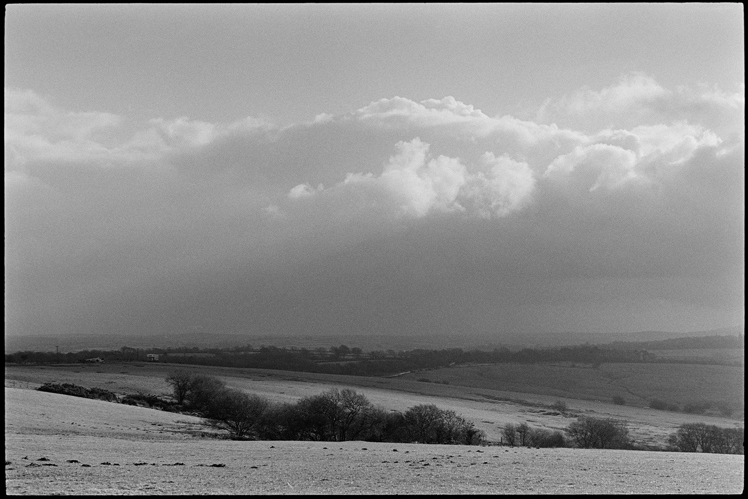 Cloudy views across moor couple walking with pram. 
[A landscape of fields and bushes on Hatherleigh Moor, with clouds in the sky above.]